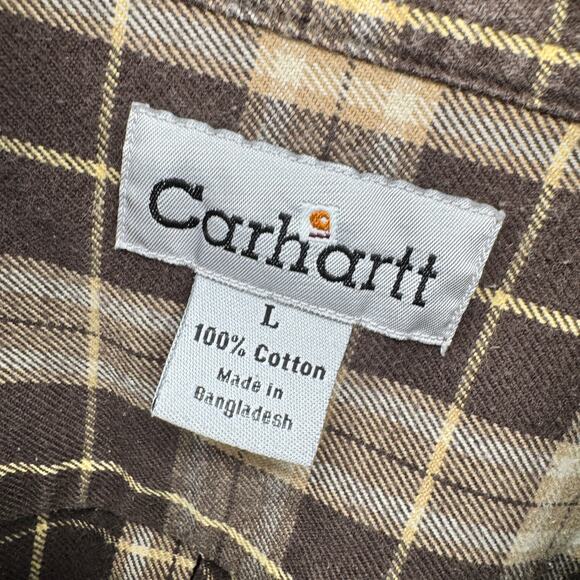 Carhartt Flannel Shirt Mens Large Brown Plaid Button Up Heavyweight Utility - Picture 2 of 7